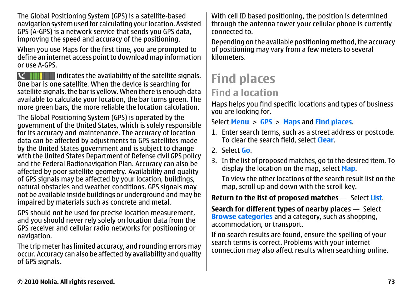 Find places, Find a location | Nokia E71 User Manual | Page 73 / 151