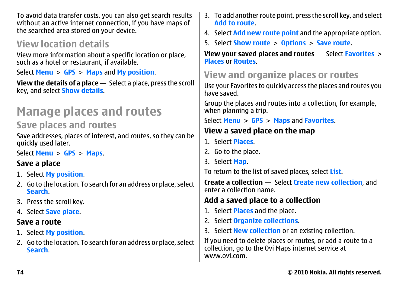 View location details, Manage places and routes, Save places and routes | View and organize places or routes | Nokia E71 User Manual | Page 74 / 151