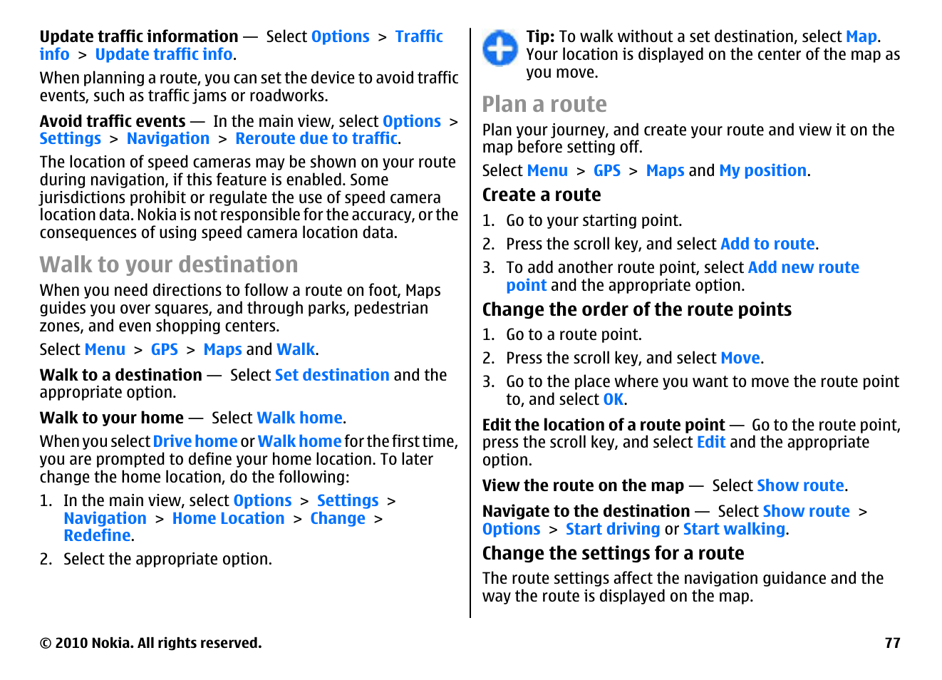 Walk to your destination, Plan a route | Nokia E71 User Manual | Page 77 / 151
