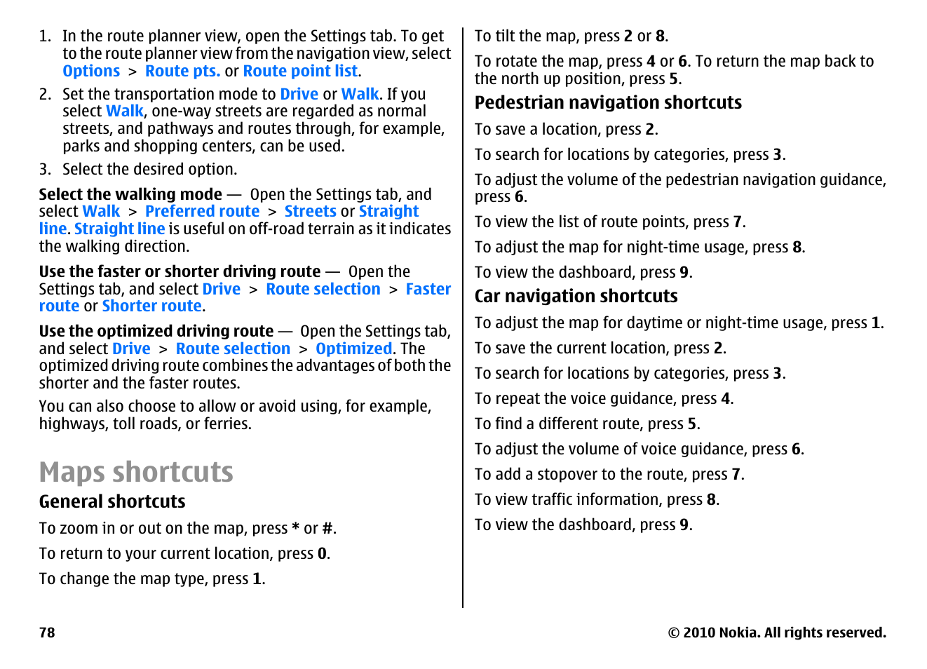 Maps shortcuts | Nokia E71 User Manual | Page 78 / 151