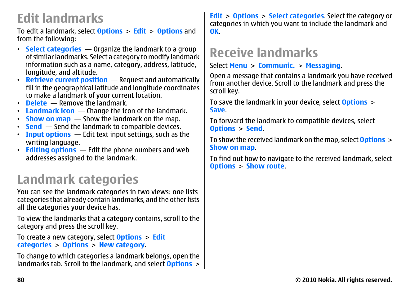 Edit landmarks, Landmark categories, Receive landmarks | Nokia E71 User Manual | Page 80 / 151