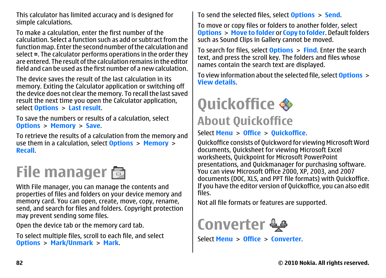 File manager, Quickoffice, About quickoffice | Converter | Nokia E71 User Manual | Page 82 / 151