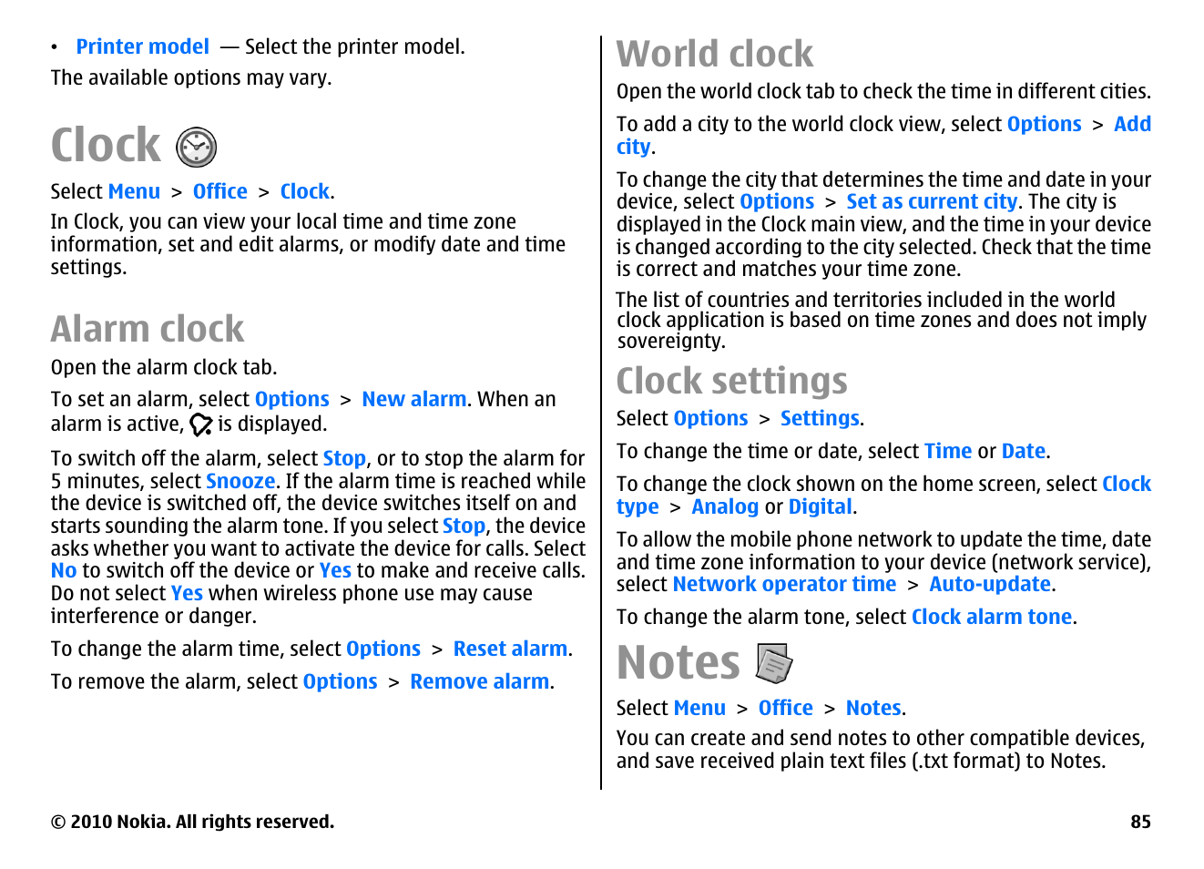 Clock, Alarm clock, World clock | Clock settings, Notes | Nokia E71 User Manual | Page 85 / 151