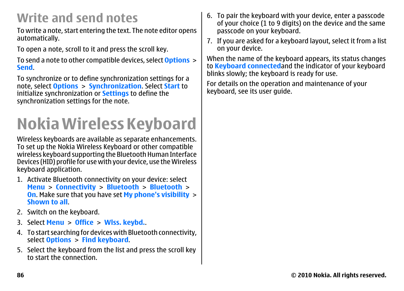 Write and send notes, Nokia wireless keyboard | Nokia E71 User Manual | Page 86 / 151