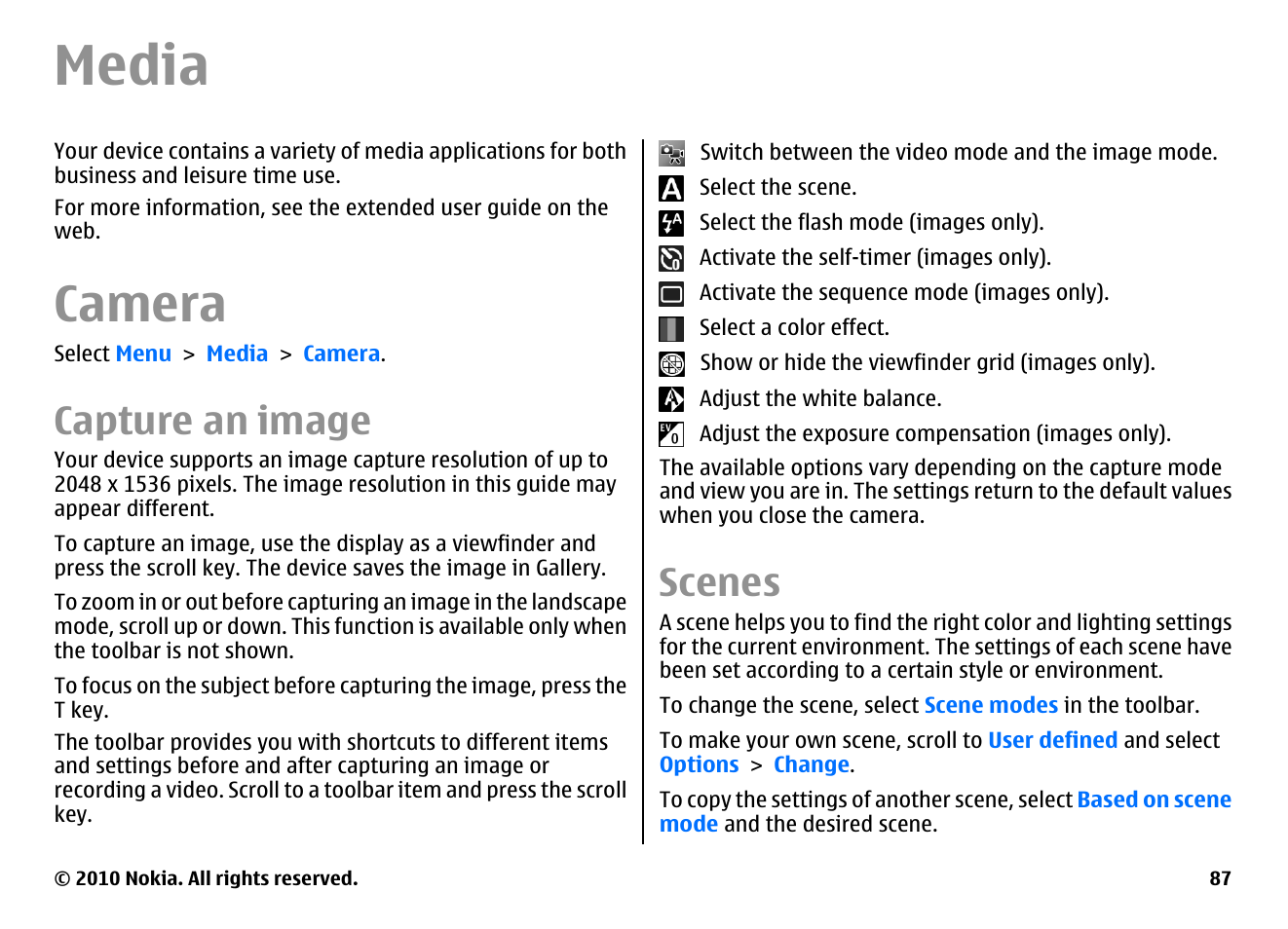 Media, Camera, Capture an image | Scenes | Nokia E71 User Manual | Page 87 / 151