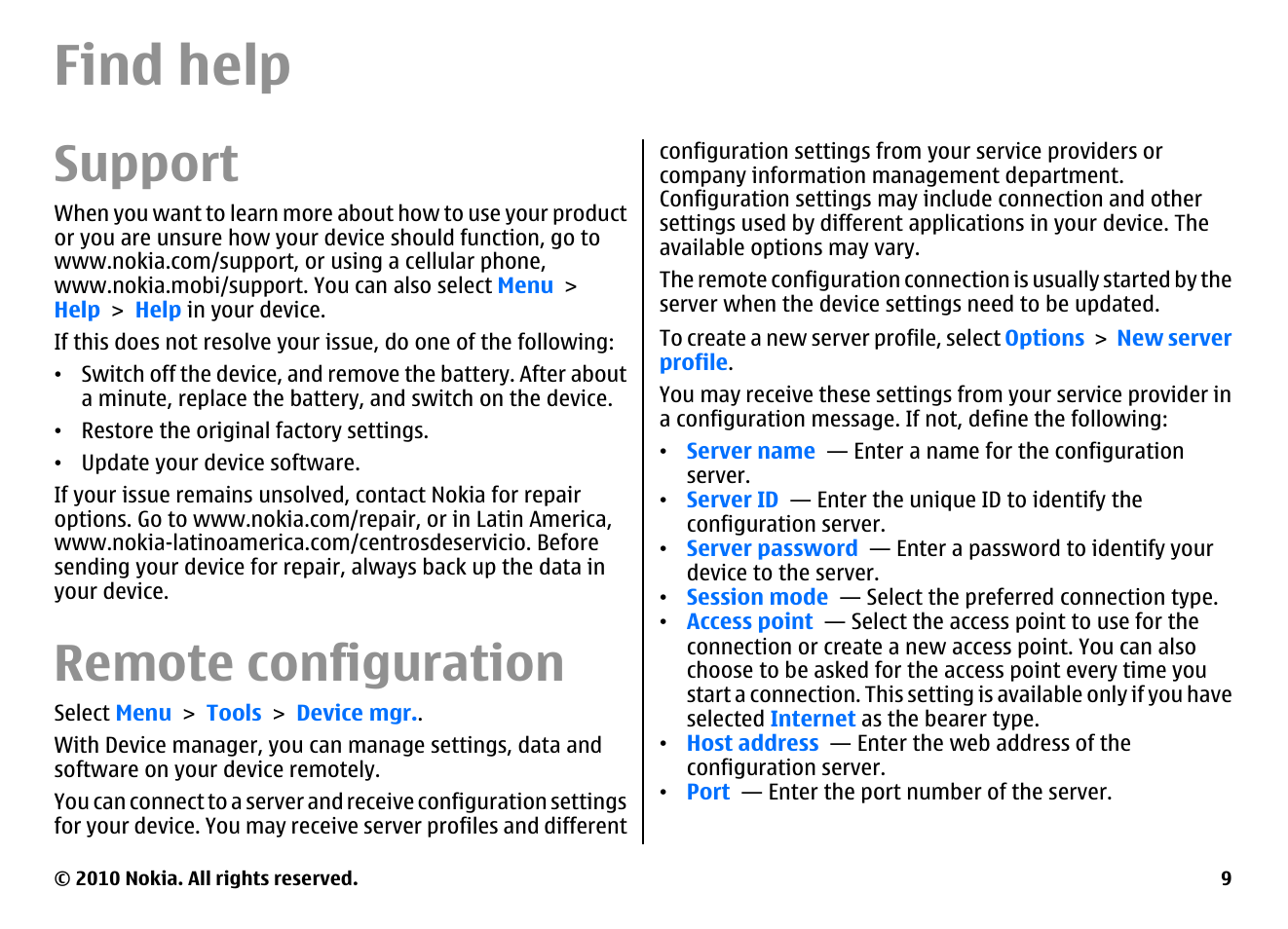Find help, Support, Remote configuration | Nokia E71 User Manual | Page 9 / 151