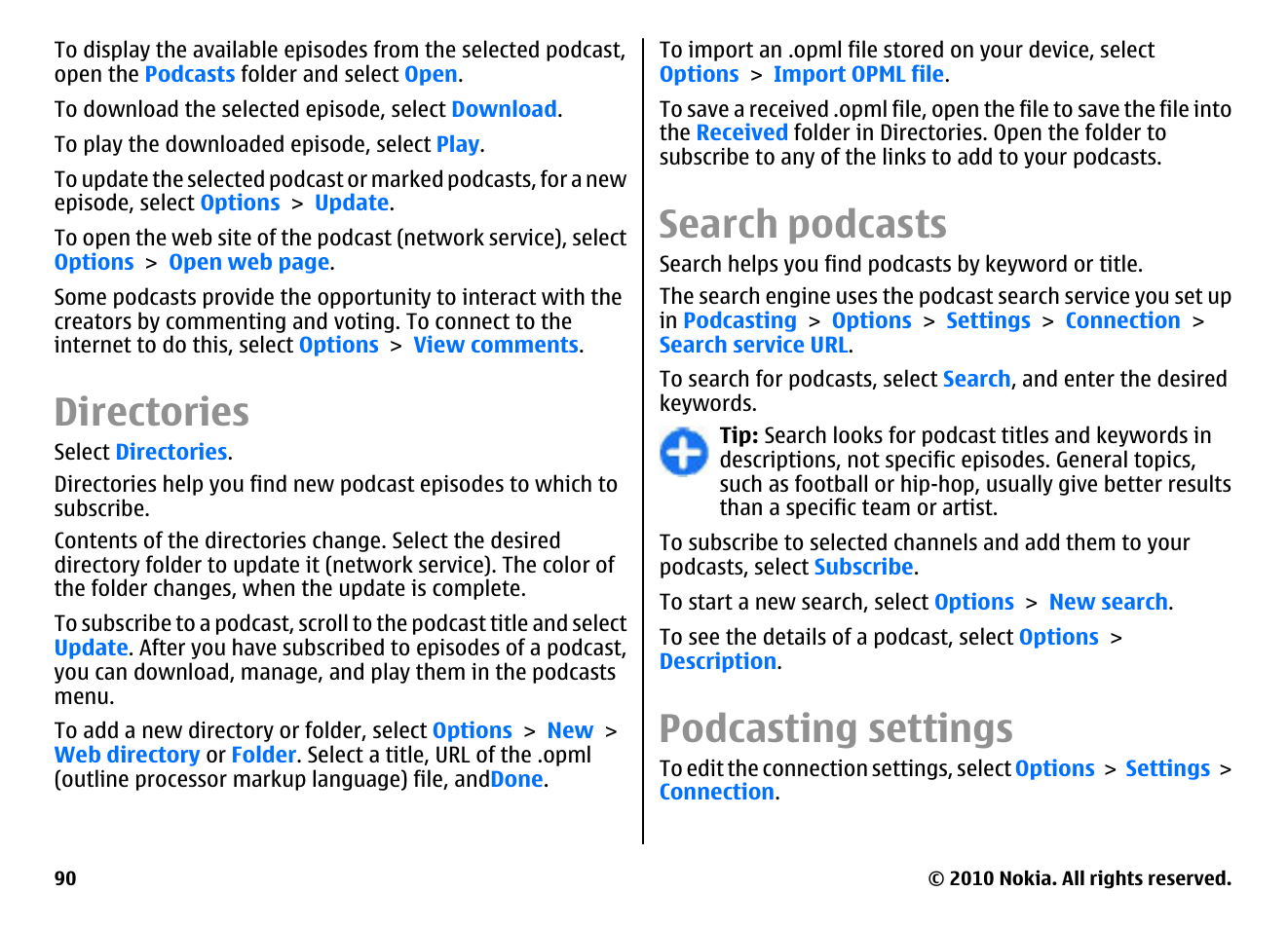 Directories, Search podcasts, Podcasting settings | Nokia E71 User Manual | Page 90 / 151