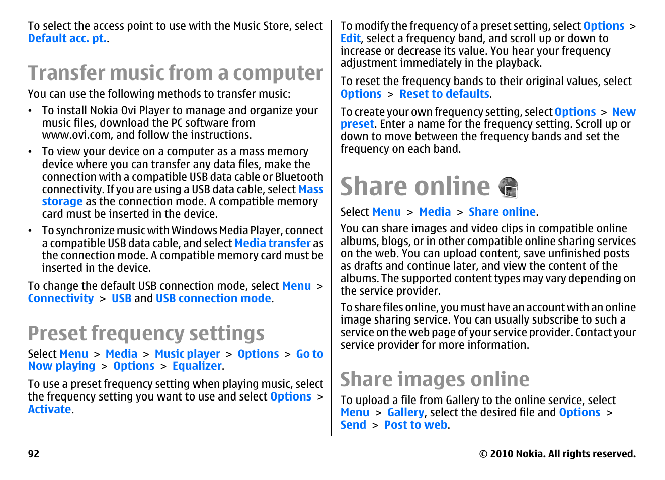 Transfer music from a computer, Preset frequency settings, Share online | Share images online | Nokia E71 User Manual | Page 92 / 151