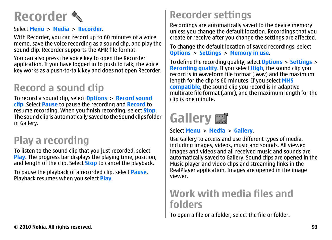 Recorder, Record a sound clip, Play a recording | Recorder settings, Gallery, Work with media files and folders | Nokia E71 User Manual | Page 93 / 151