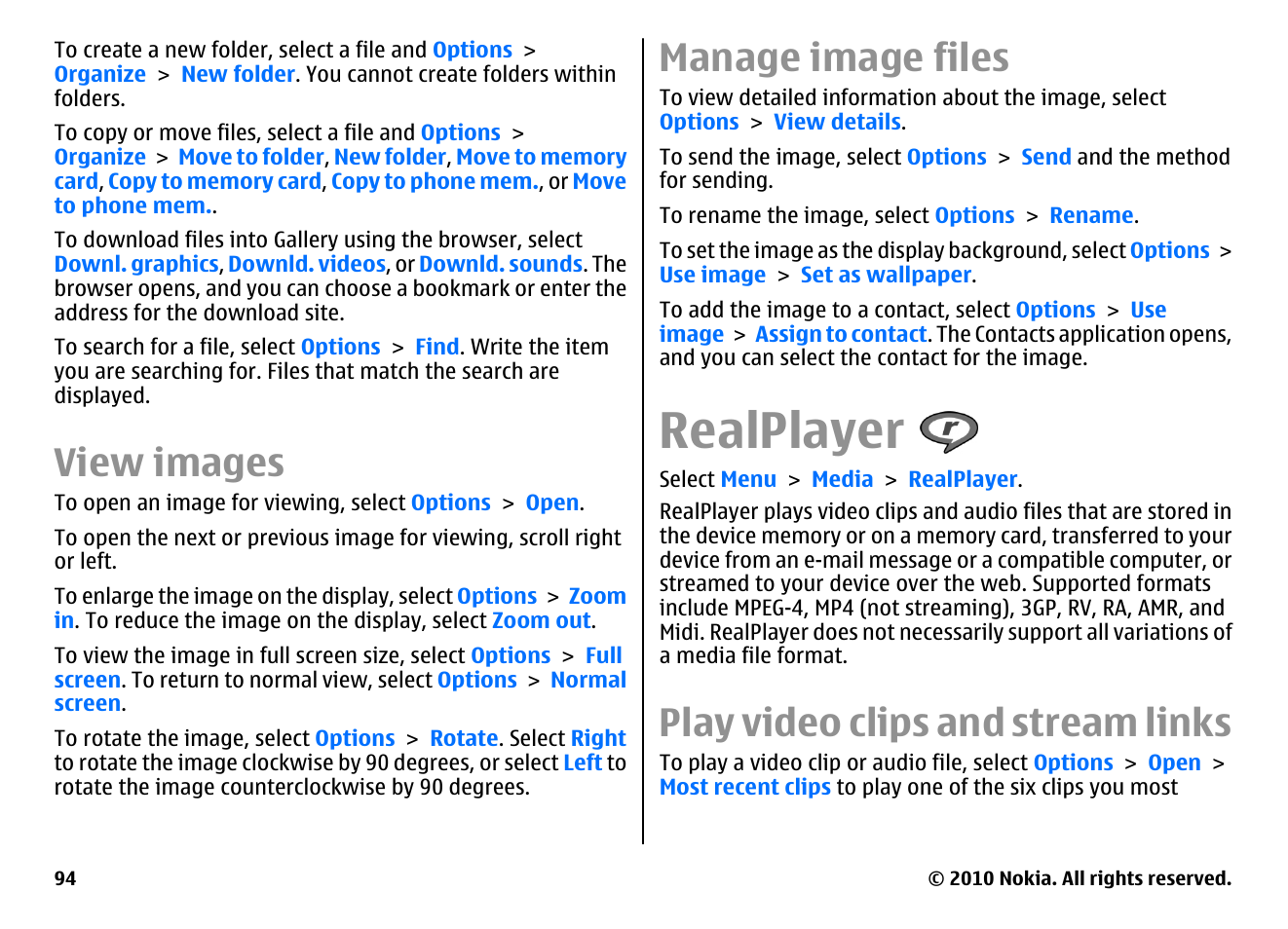 View images, Manage image files, Realplayer | Play video clips and stream links | Nokia E71 User Manual | Page 94 / 151