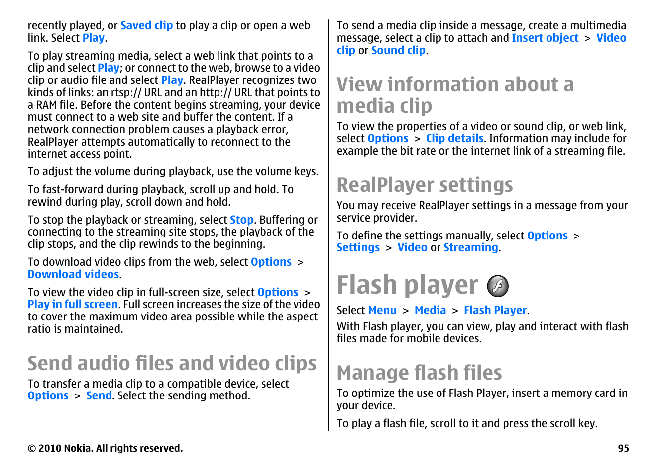 Send audio files and video clips, View information about a media clip, Realplayer settings | Flash player, Manage flash files | Nokia E71 User Manual | Page 95 / 151