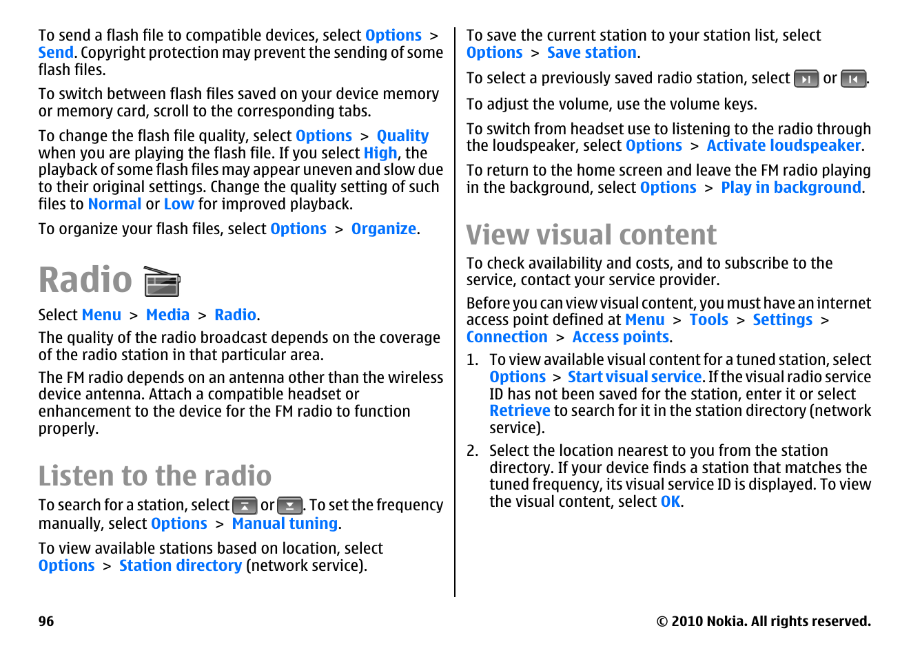Radio, Listen to the radio, View visual content | Nokia E71 User Manual | Page 96 / 151