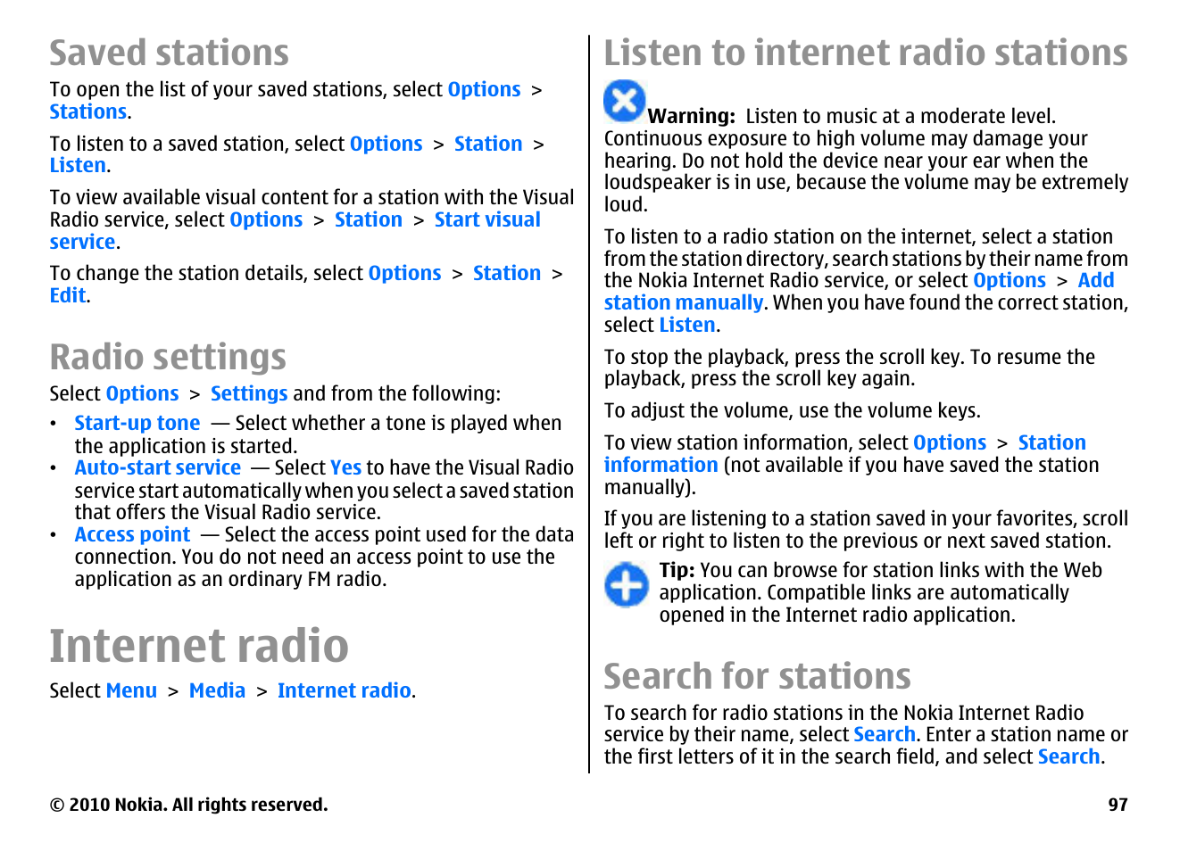 Saved stations, Radio settings, Internet radio | Listen to internet radio stations, Search for stations | Nokia E71 User Manual | Page 97 / 151