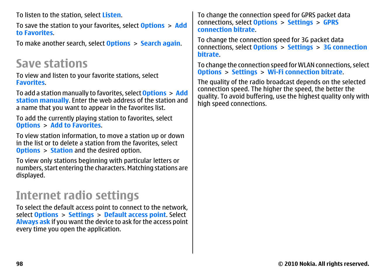 Save stations, Internet radio settings | Nokia E71 User Manual | Page 98 / 151