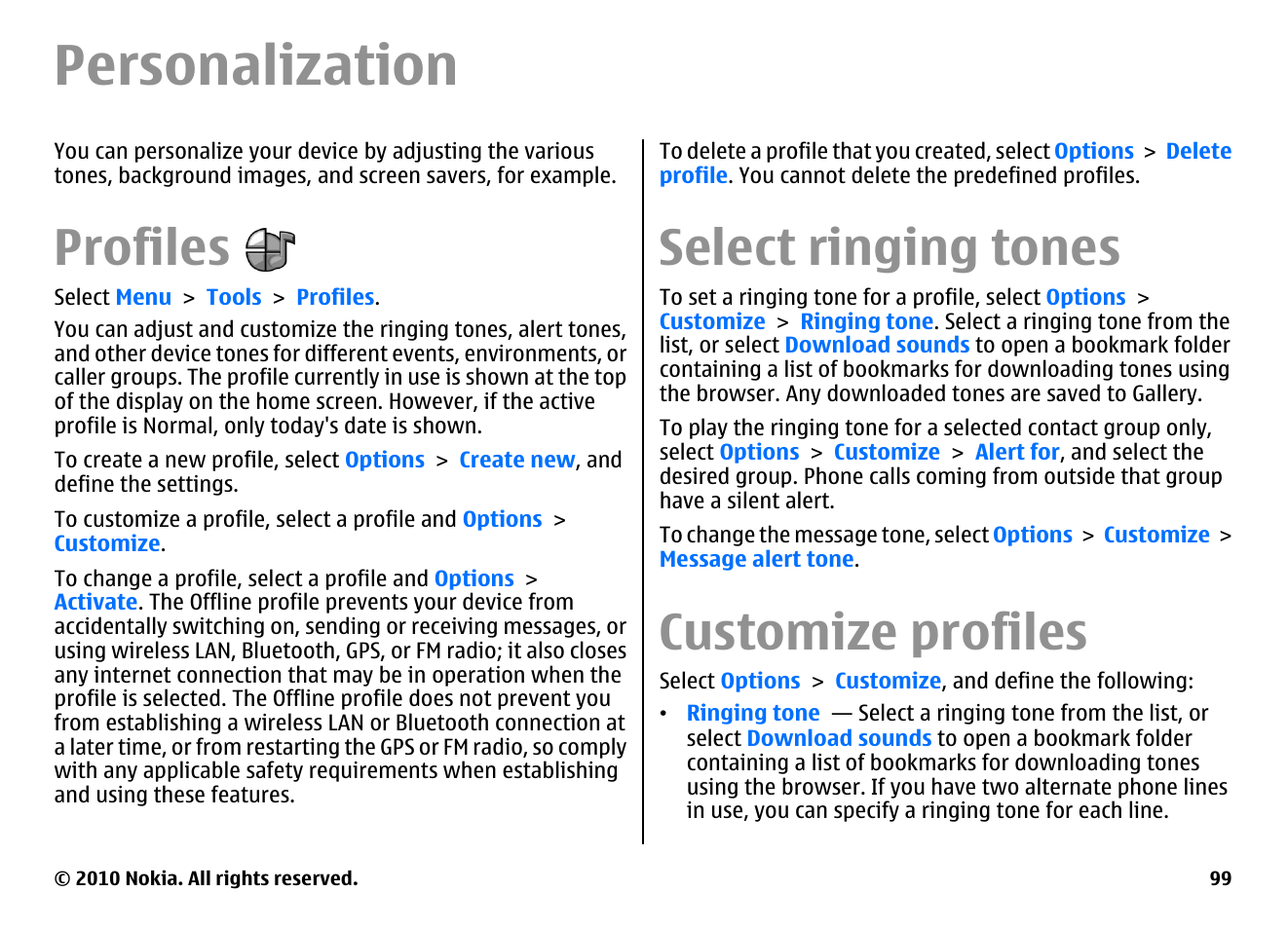 Personalization, Profiles, Select ringing tones | Customize profiles | Nokia E71 User Manual | Page 99 / 151