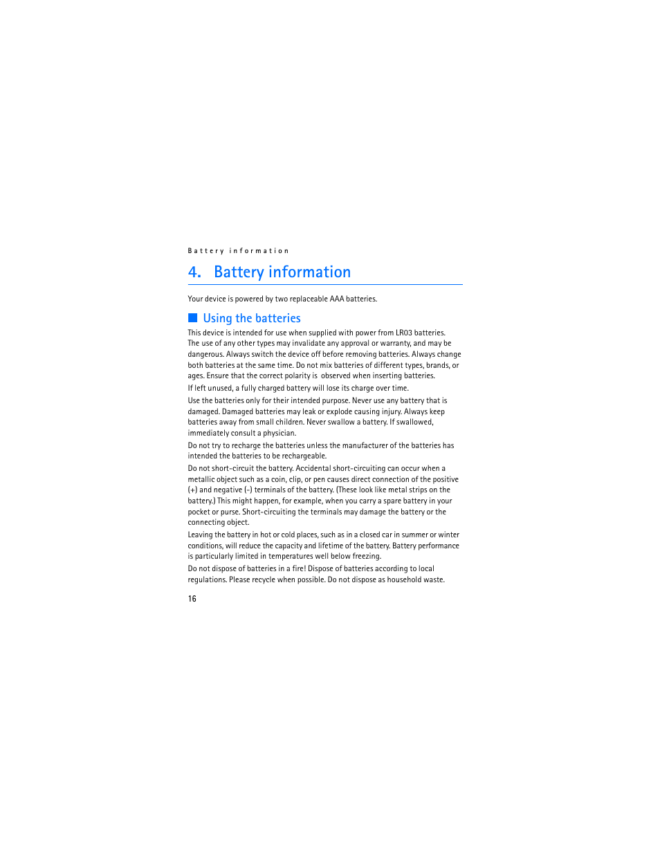 Battery information, Using the batteries | Nokia SU-8W User Manual | Page 16 / 88