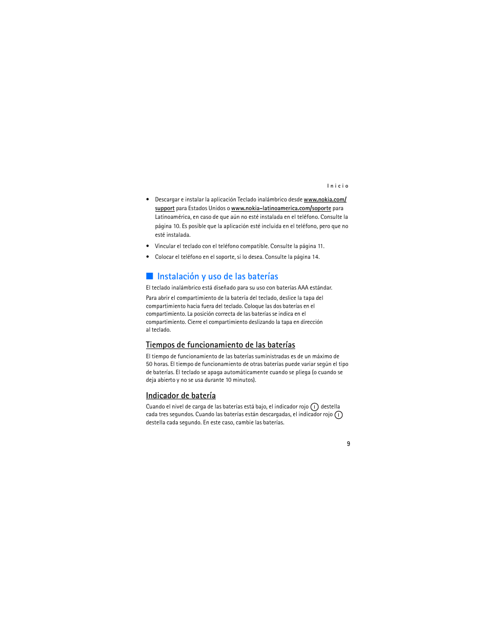 Instalación y uso de las baterías, Tiempos de funcionamiento de las baterías, Indicador de batería | Nokia SU-8W User Manual | Page 27 / 88