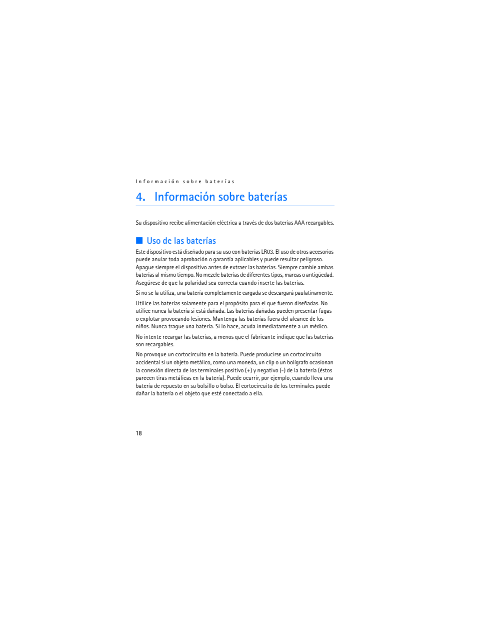 Información sobre baterías, Uso de las baterías | Nokia SU-8W User Manual | Page 36 / 88