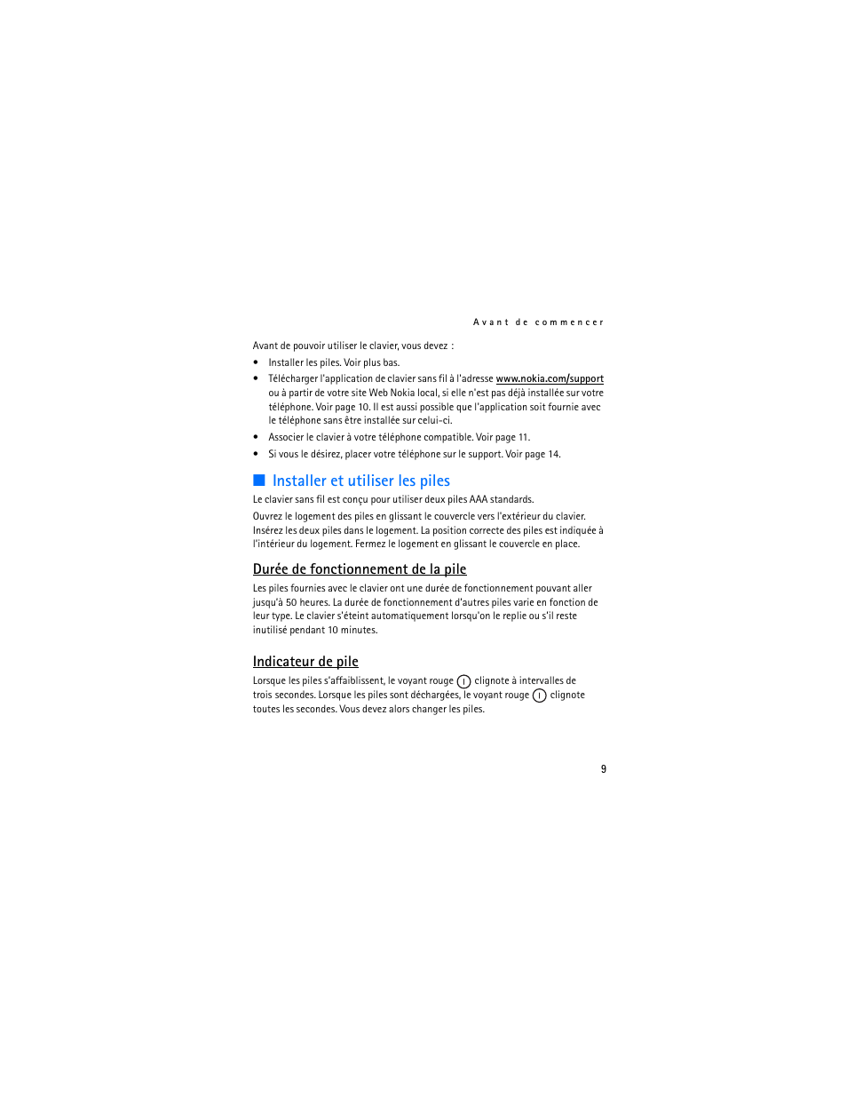 Installer et utiliser les piles, Durée de fonctionnement de la pile, Indicateur de pile | Nokia SU-8W User Manual | Page 71 / 88