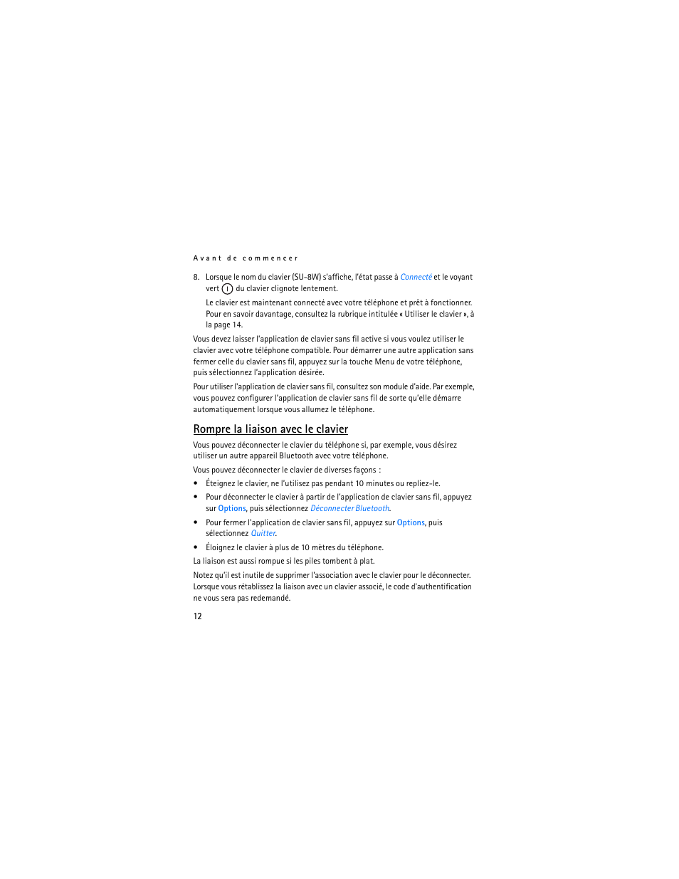 Rompre la liaison avec le clavier | Nokia SU-8W User Manual | Page 74 / 88