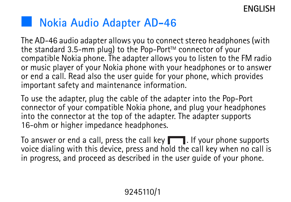 Nokia Audio Adapter AD-46 User Manual | 2 pages