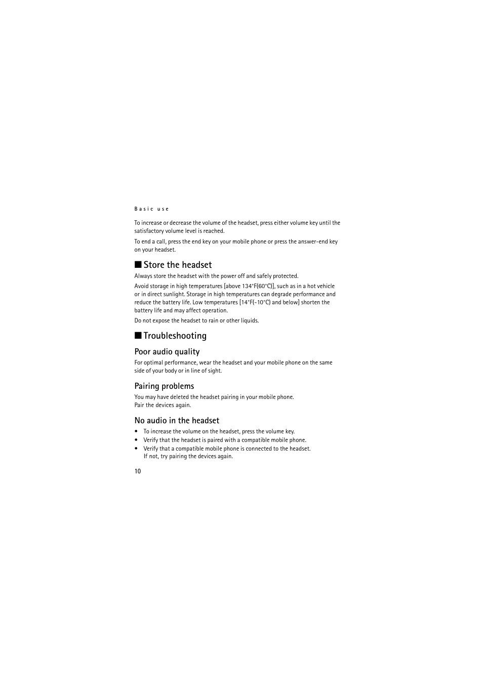 Store the headset troubleshooting, Store the headset, Troubleshooting | Poor audio quality, Pairing problems, No audio in the headset | Nokia Wireless Headset HS-36W User Manual | Page 10 / 60
