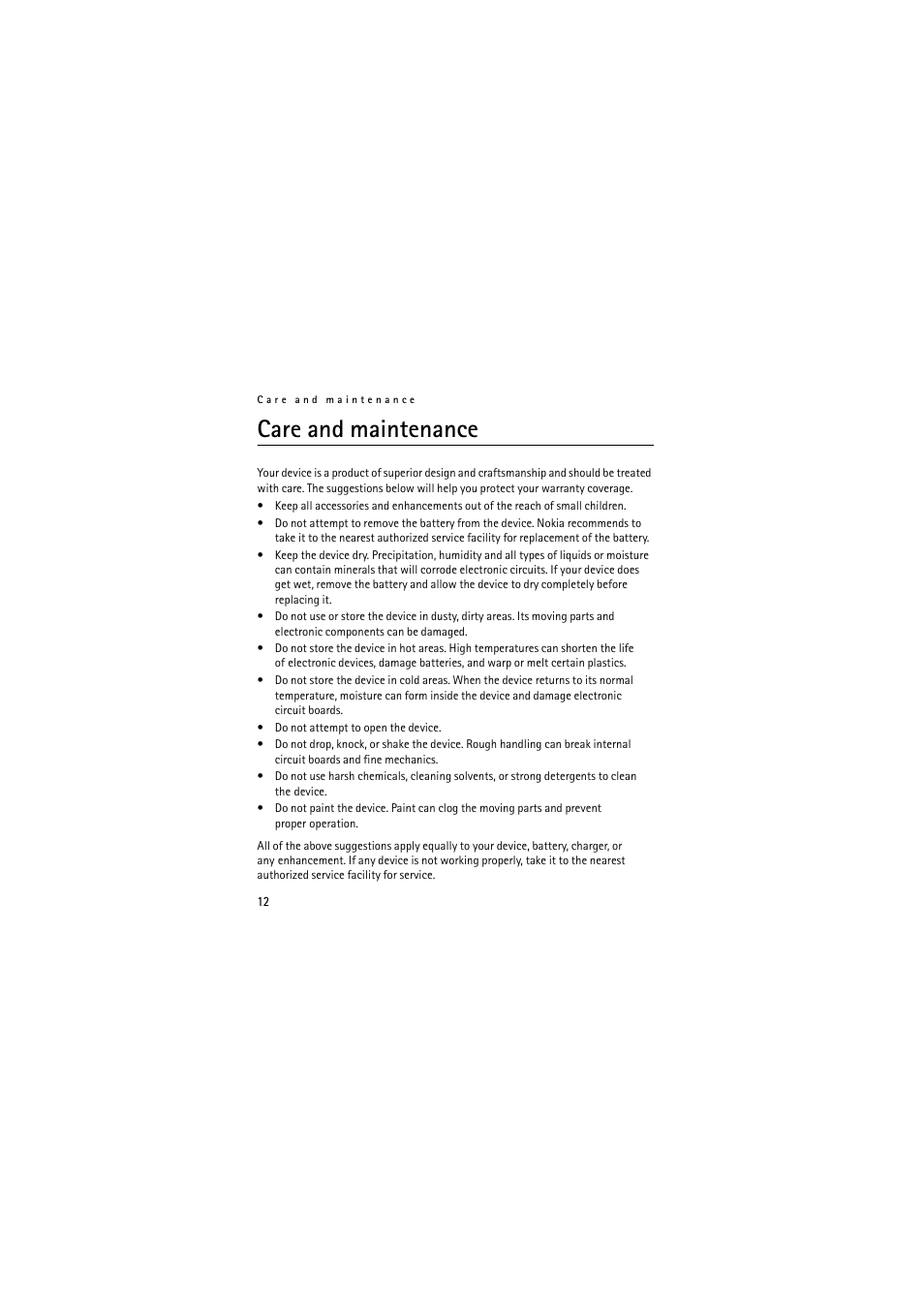 Care and maintenance | Nokia Wireless Headset HS-36W User Manual | Page 12 / 60