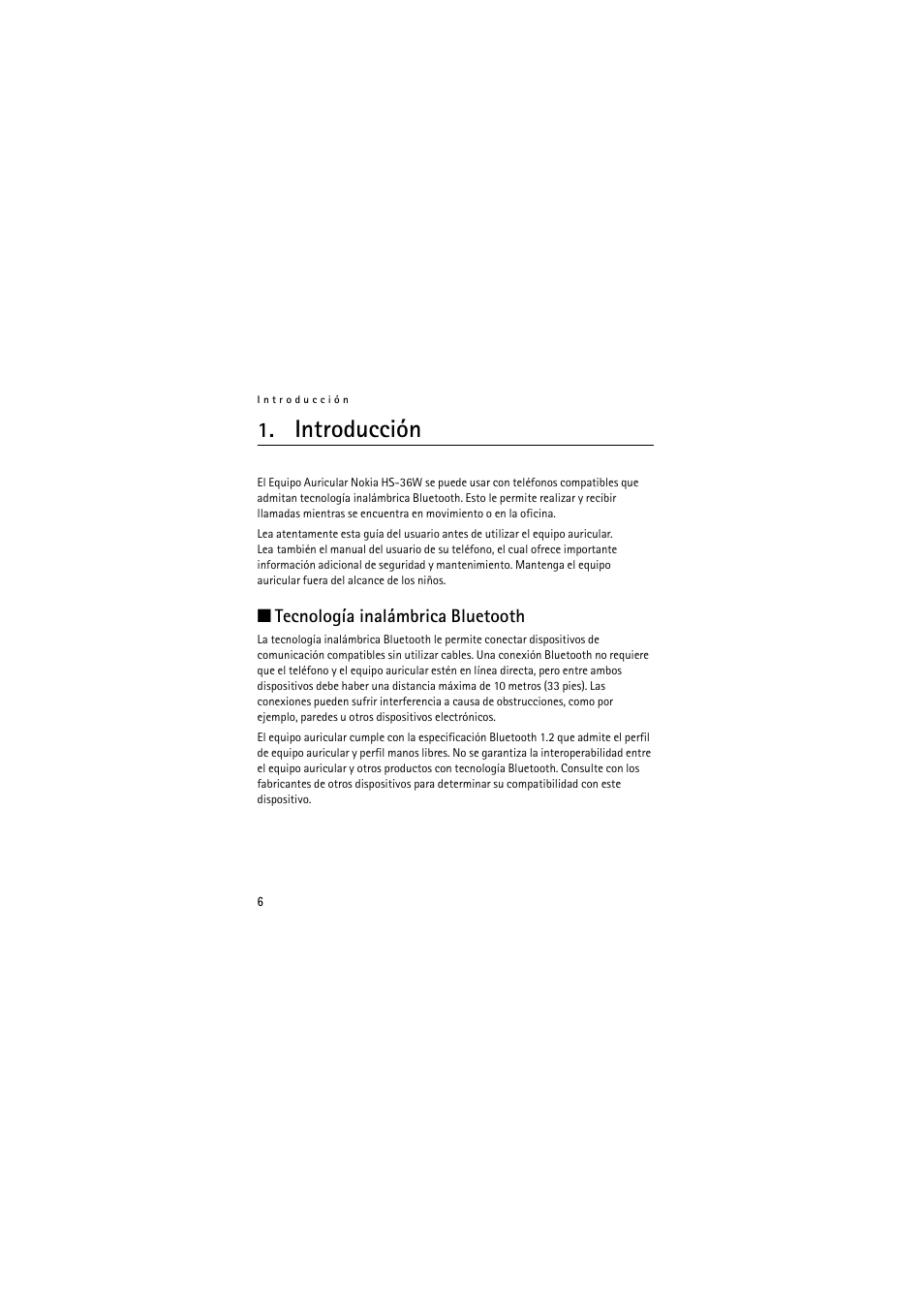 Introducción, Tecnología inalámbrica bluetooth | Nokia Wireless Headset HS-36W User Manual | Page 18 / 60