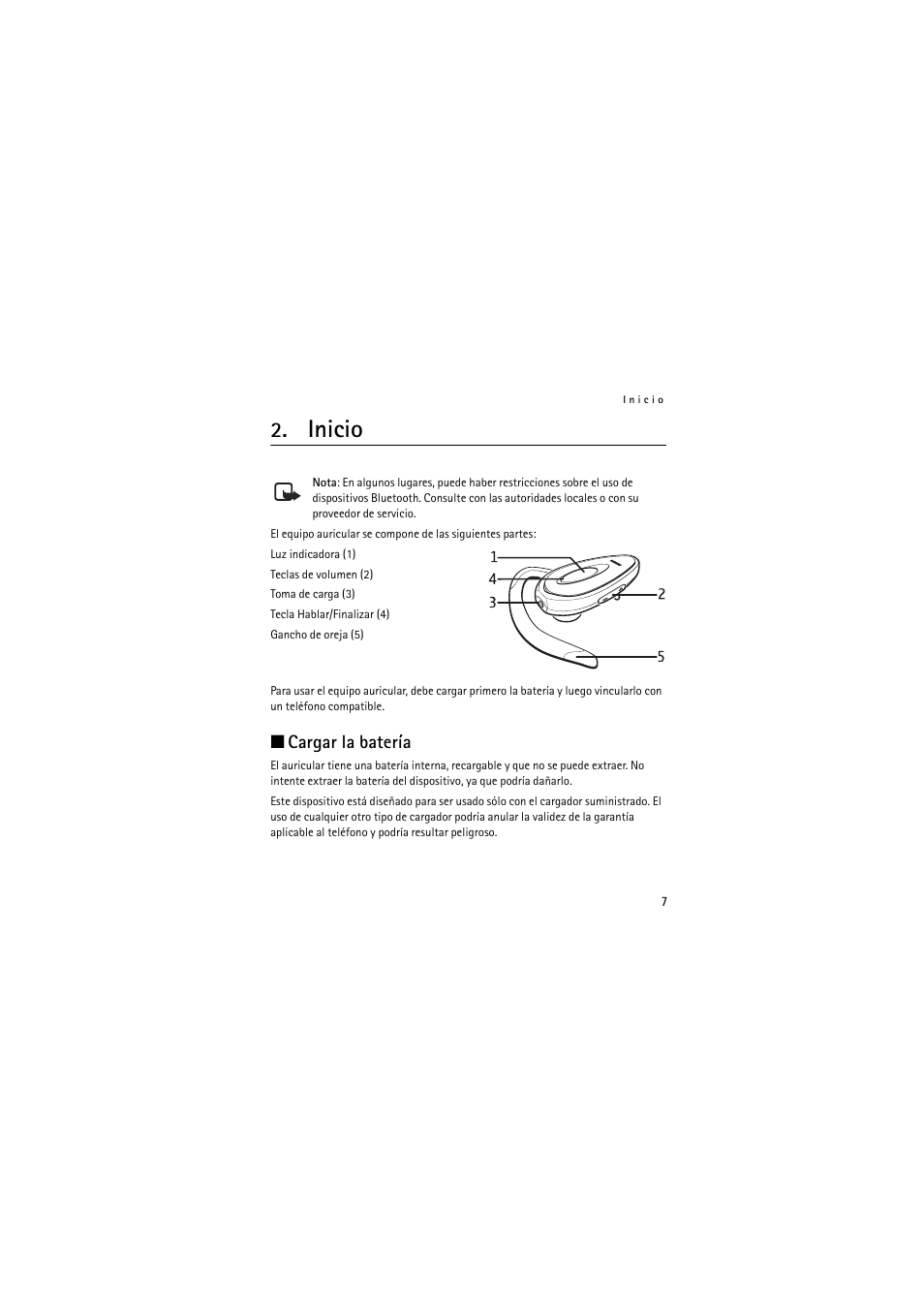 Inicio, Cargar la batería | Nokia Wireless Headset HS-36W User Manual | Page 19 / 60
