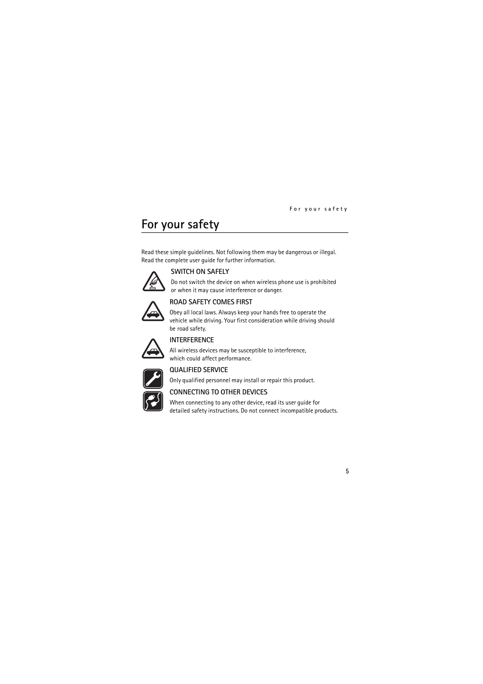 For your safety | Nokia Wireless Headset HS-36W User Manual | Page 5 / 60