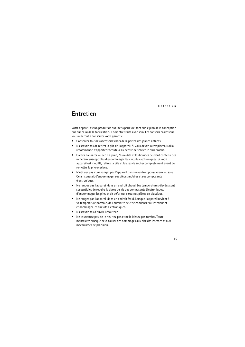 Entretien | Nokia Wireless Headset HS-36W User Manual | Page 59 / 60