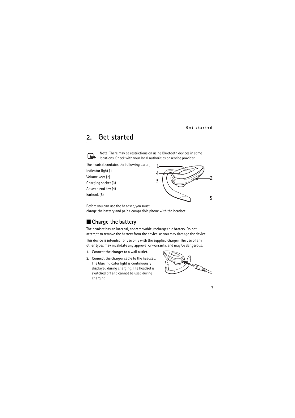 Get started, Charge the battery | Nokia Wireless Headset HS-36W User Manual | Page 7 / 60