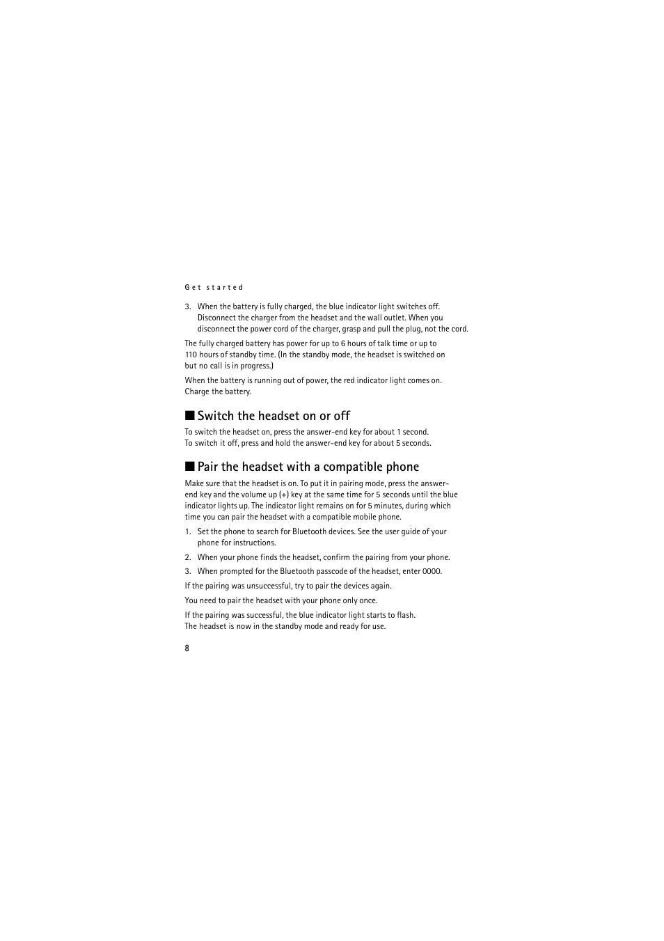 Switch the headset on or off, Pair the headset with a compatible phone | Nokia Wireless Headset HS-36W User Manual | Page 8 / 60