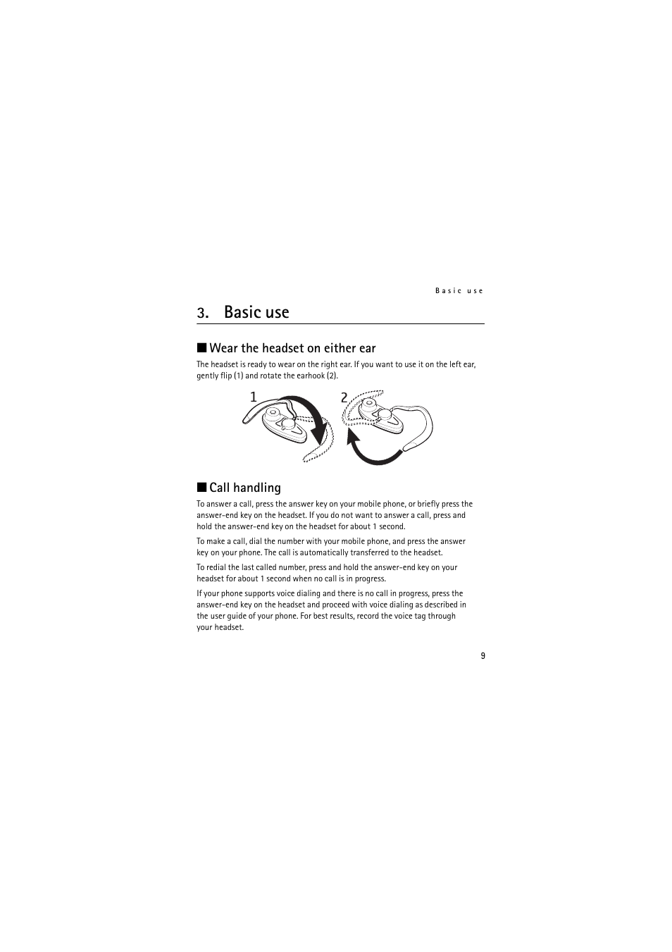 Basic use, Wear the headset on either ear call handling, Wear the headset on either ear | Call handling | Nokia Wireless Headset HS-36W User Manual | Page 9 / 60