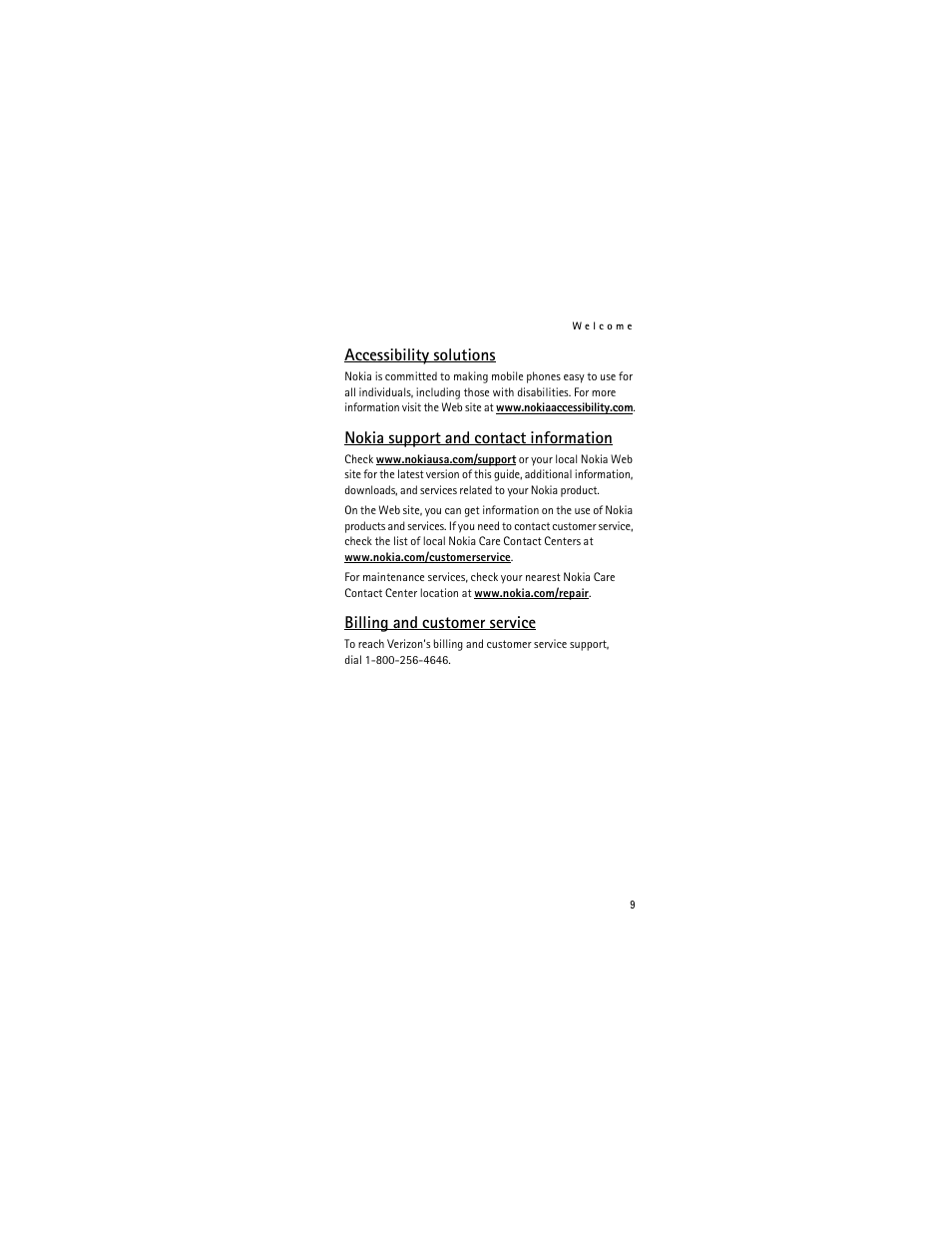 Accessibility solutions, Nokia support and contact information, Billing and customer service | Nokia 6315i User Manual | Page 10 / 97