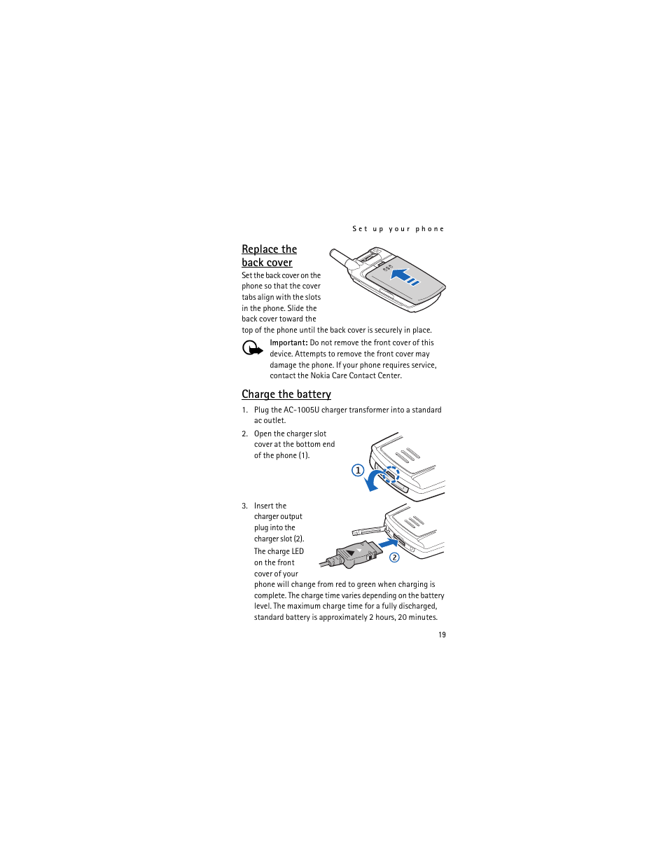 Replace the back cover, Charge the battery | Nokia 6315i User Manual | Page 20 / 97