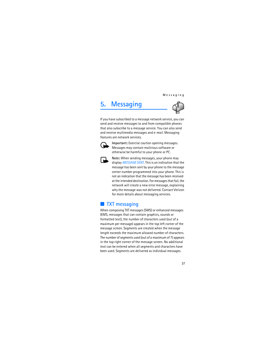 Messaging, Txt messaging | Nokia 6315i User Manual | Page 38 / 97