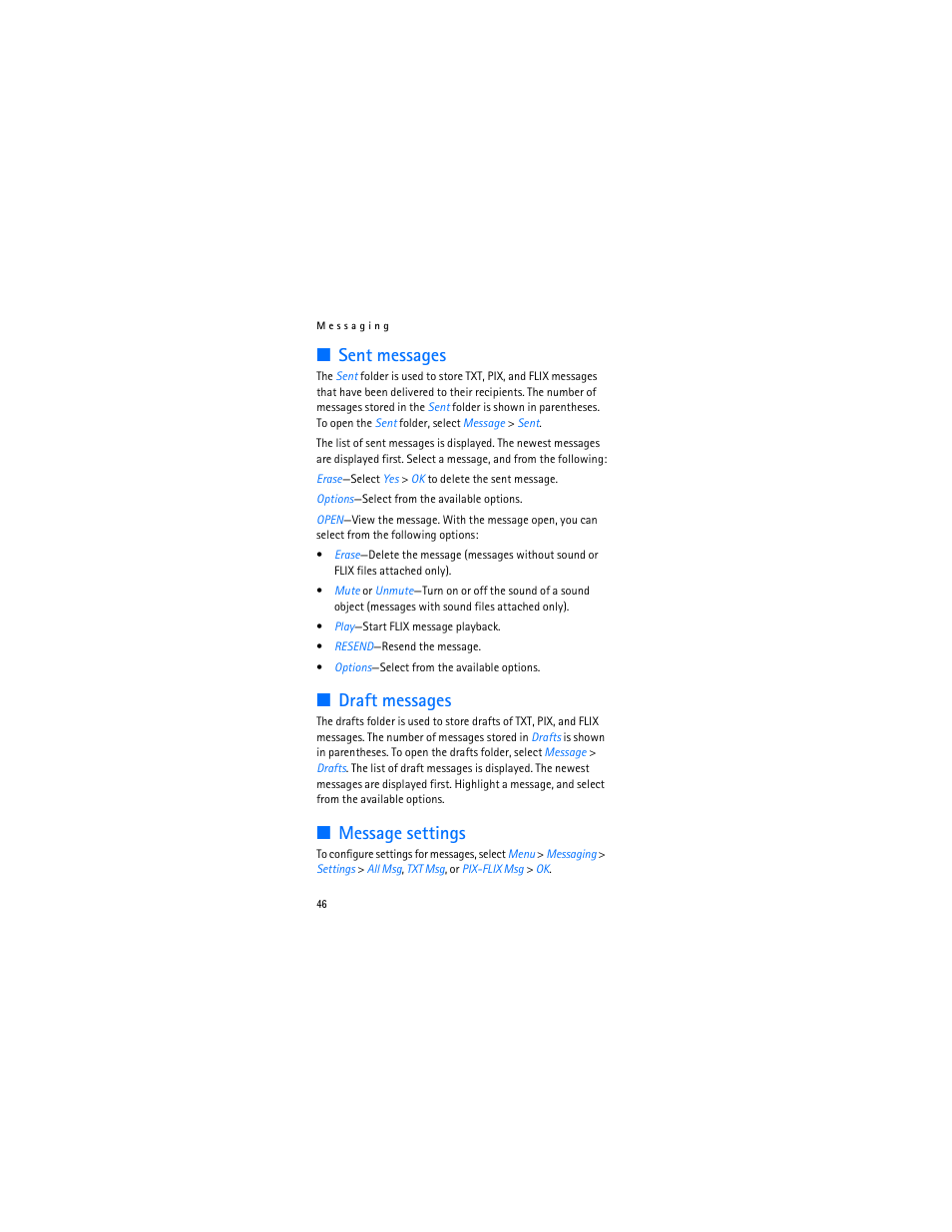 Sent messages, Draft messages, Message settings | Nokia 6315i User Manual | Page 47 / 97