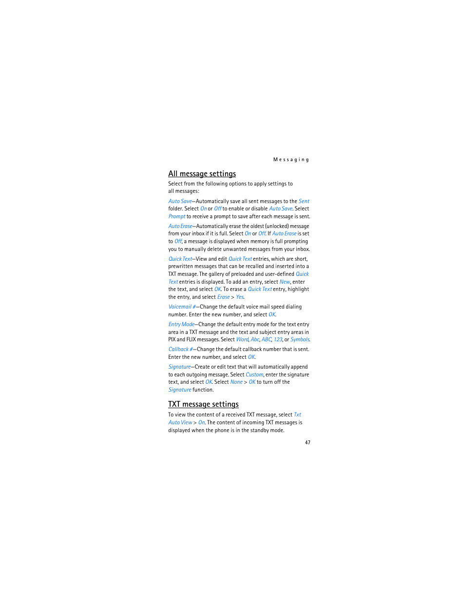 All message, Settings," p. 47, All message settings | Txt message settings | Nokia 6315i User Manual | Page 48 / 97