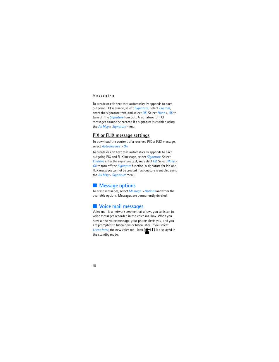 Message options, Voice mail messages, Pix or flix message settings | Nokia 6315i User Manual | Page 49 / 97