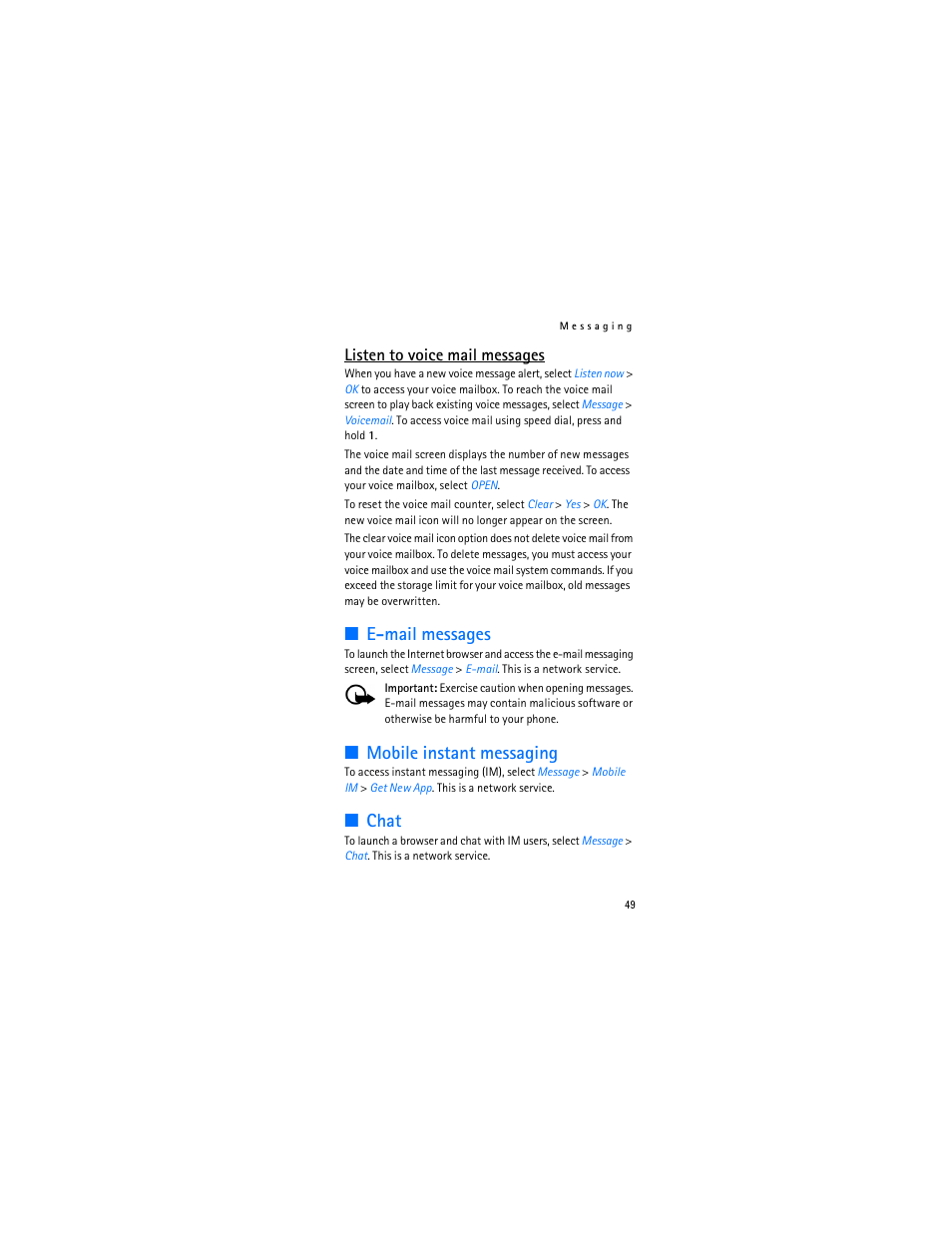 E-mail messages, Mobile instant messaging, Chat | Listen to voice mail messages | Nokia 6315i User Manual | Page 50 / 97