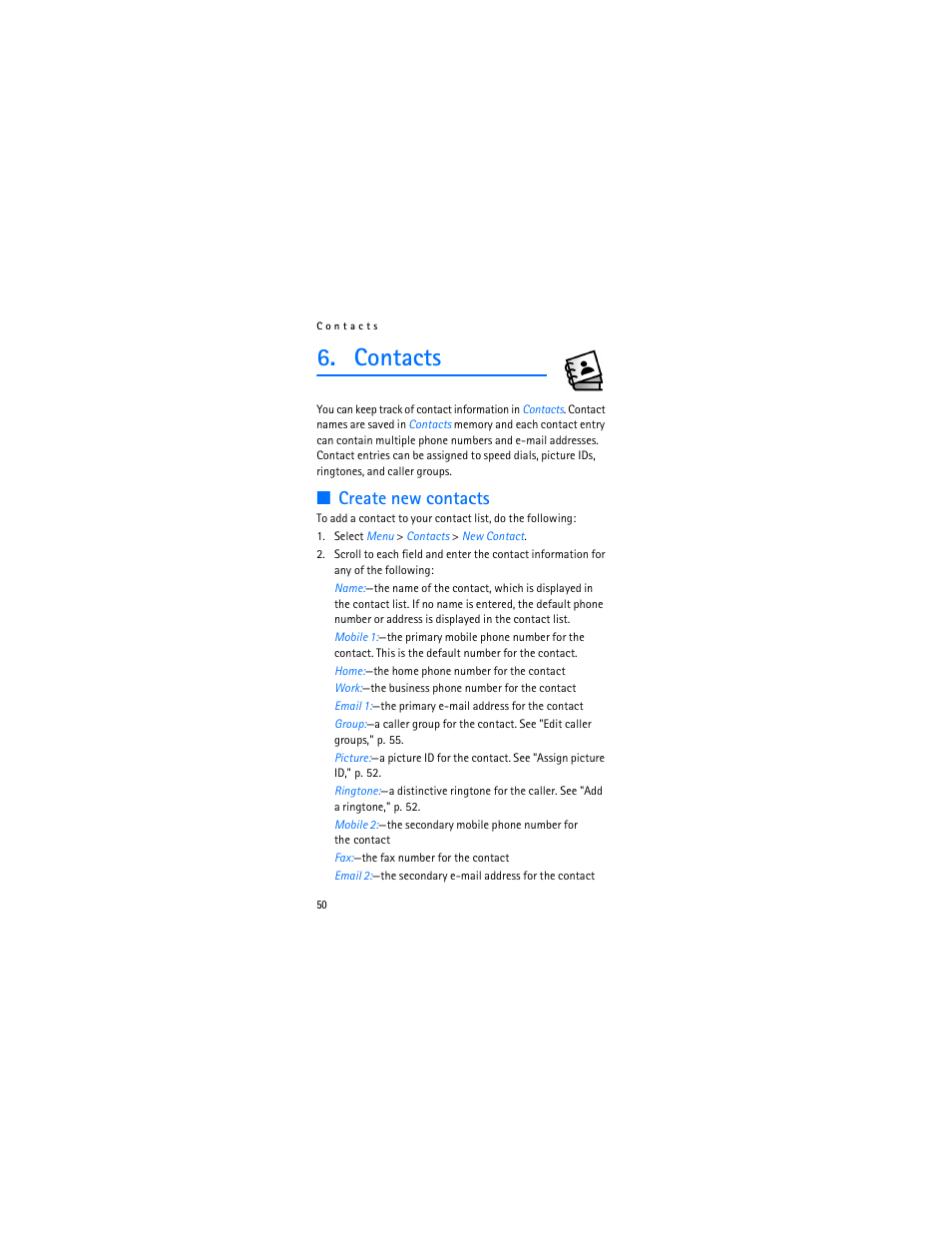Contacts, Create new contacts | Nokia 6315i User Manual | Page 51 / 97