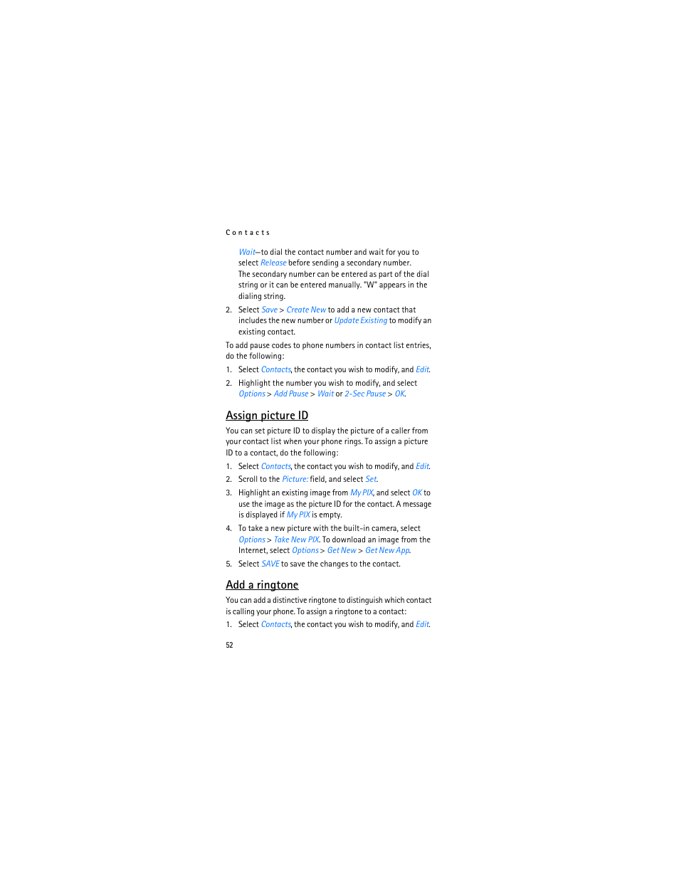 Assign picture, Id," p. 52, A ringtone," p. 52 | Assign picture id, Add a ringtone | Nokia 6315i User Manual | Page 53 / 97