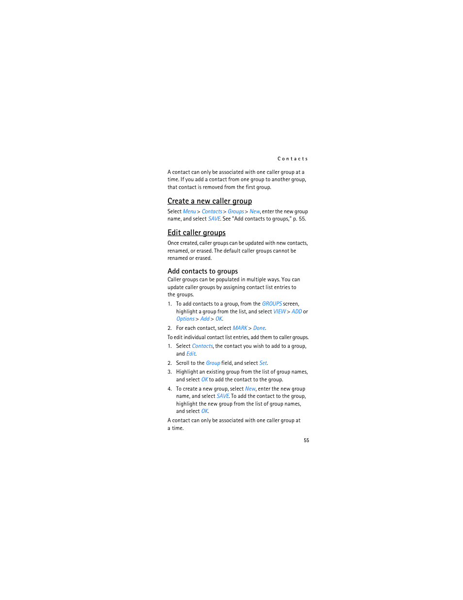 Edit caller, Groups," p. 55, Create a new caller group | Edit caller groups | Nokia 6315i User Manual | Page 56 / 97