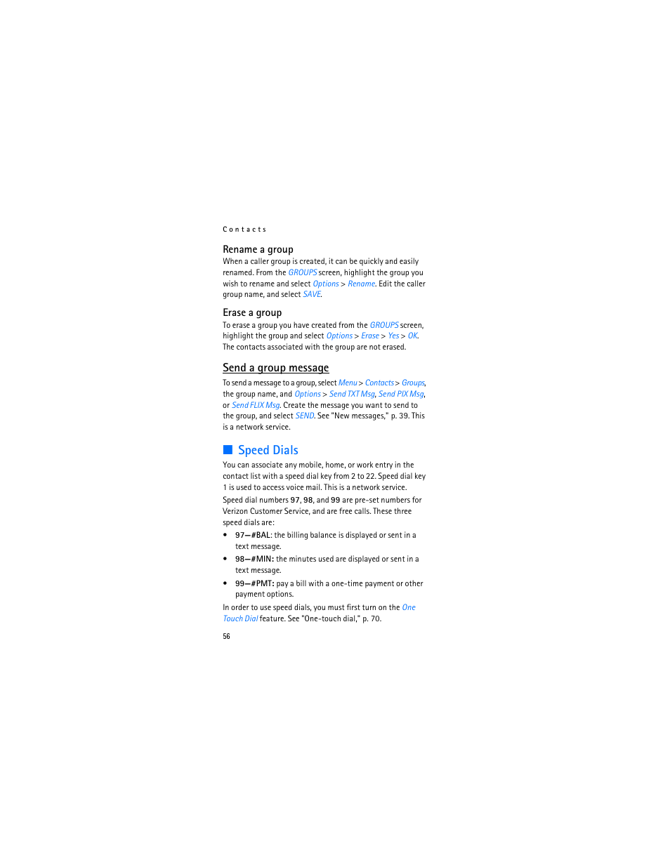 Speed dials, Send a group message | Nokia 6315i User Manual | Page 57 / 97