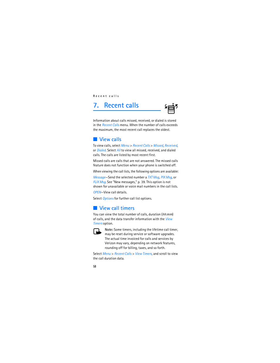Recent calls, View calls, View call timers | Nokia 6315i User Manual | Page 59 / 97