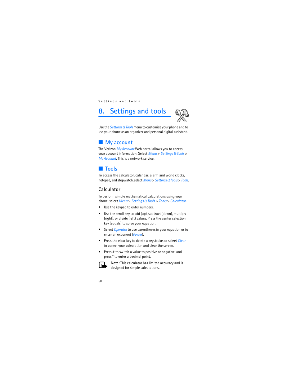 Settings and tools, My account, Tools | Calculator | Nokia 6315i User Manual | Page 61 / 97