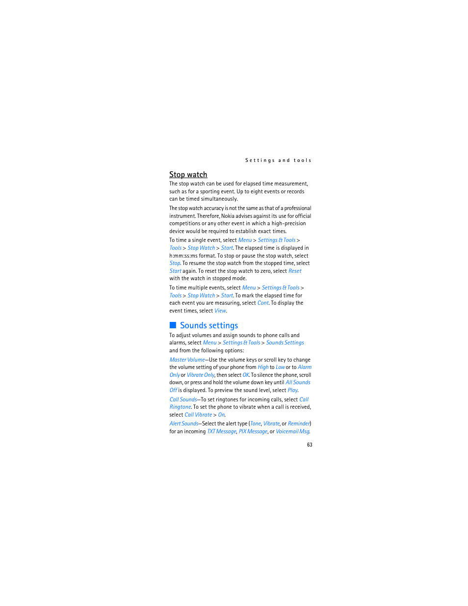 Sounds settings, Stop watch | Nokia 6315i User Manual | Page 64 / 97