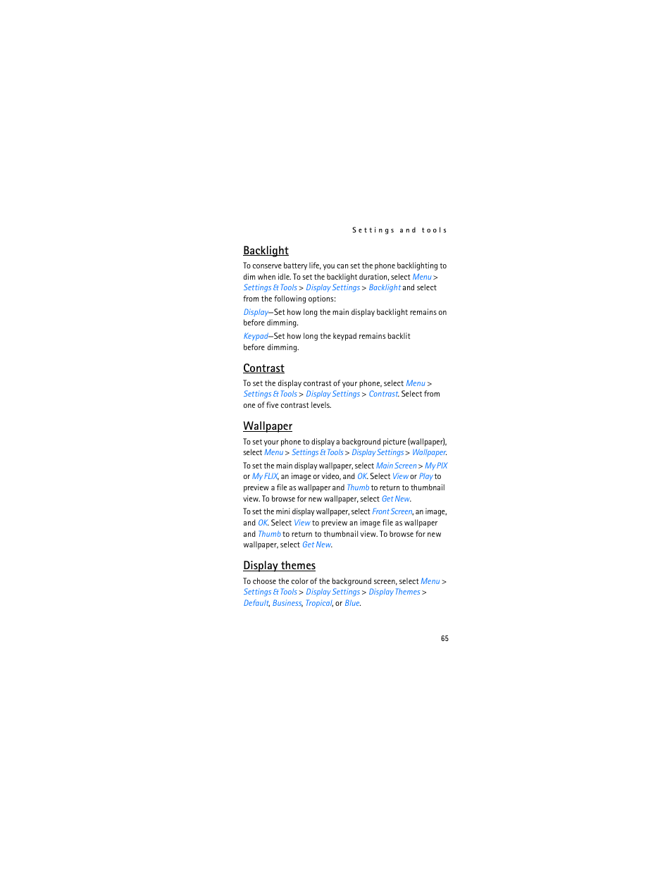 Backlight, Contrast, Wallpaper | Display themes | Nokia 6315i User Manual | Page 66 / 97