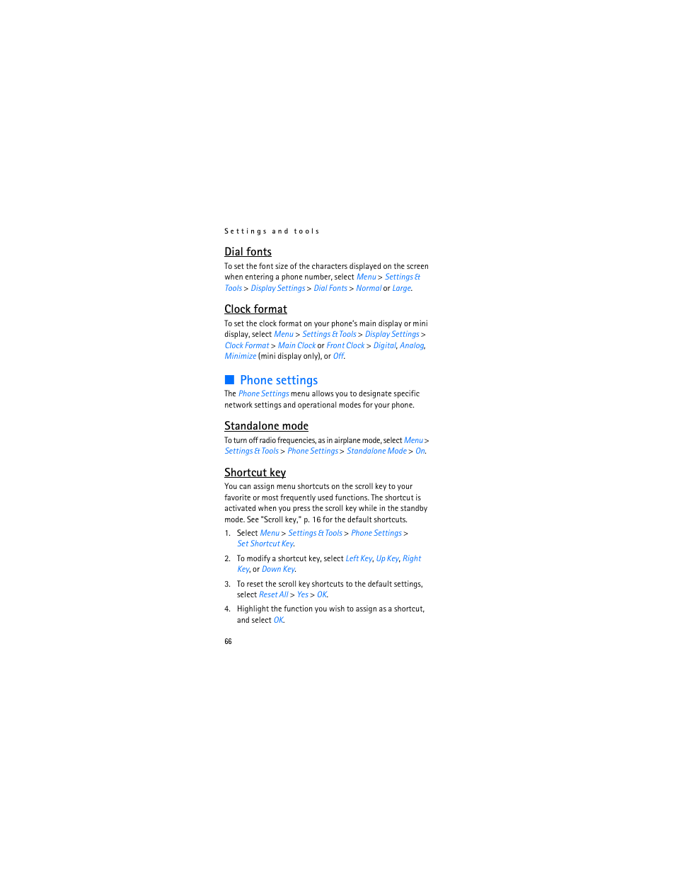 Phone settings, Dial fonts, Clock format | Standalone mode, Shortcut key | Nokia 6315i User Manual | Page 67 / 97
